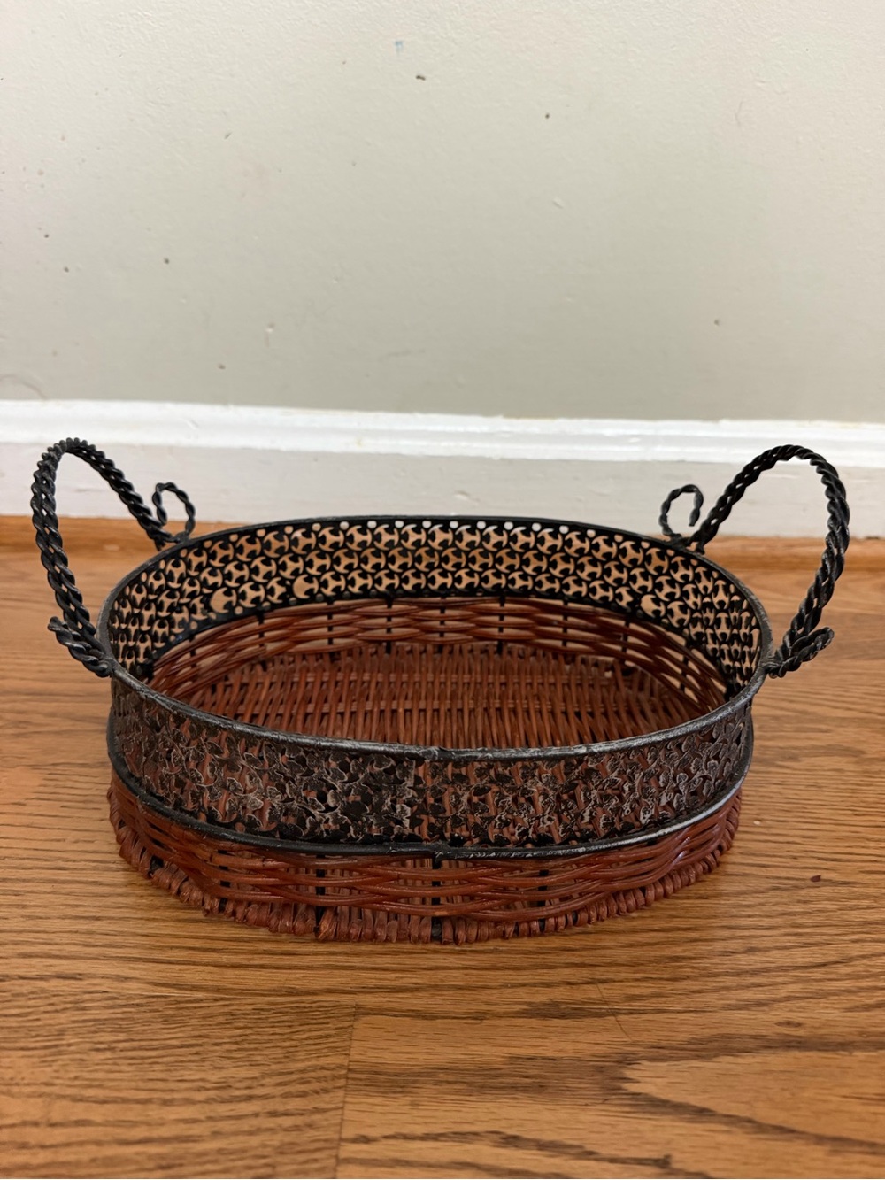 Vintage Style Wicker & Black Metal Oval Basket with Handles 10” x 8”
